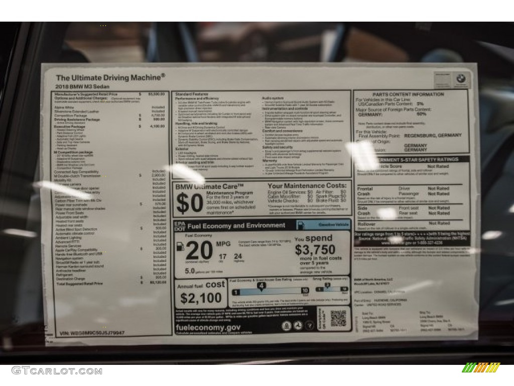 2018 BMW M3 Sedan Window Sticker Photo #124524276