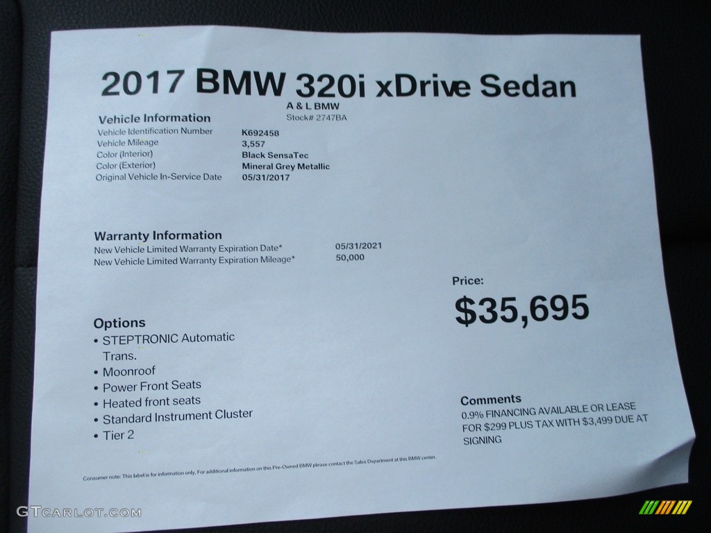 2017 3 Series 320i xDrive Sedan - Mineral Grey Metallic / Black photo #11