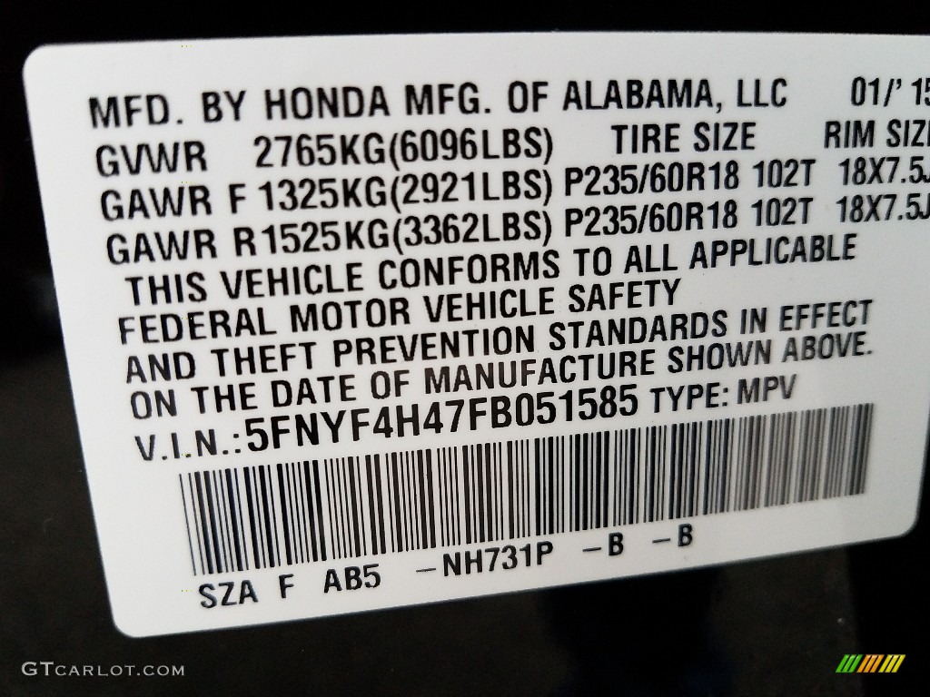 2015 Pilot EX 4WD - Crystal Black Pearl / Gray photo #26