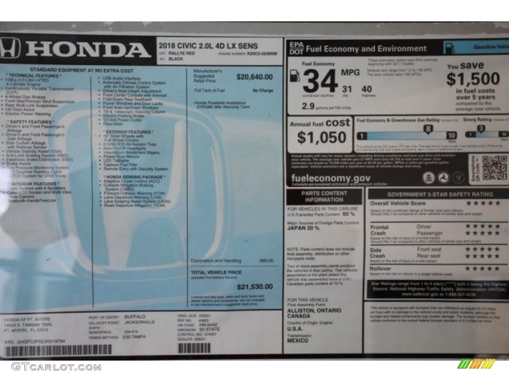 2018 Honda Civic LX Sedan Window Sticker Photo #124613725