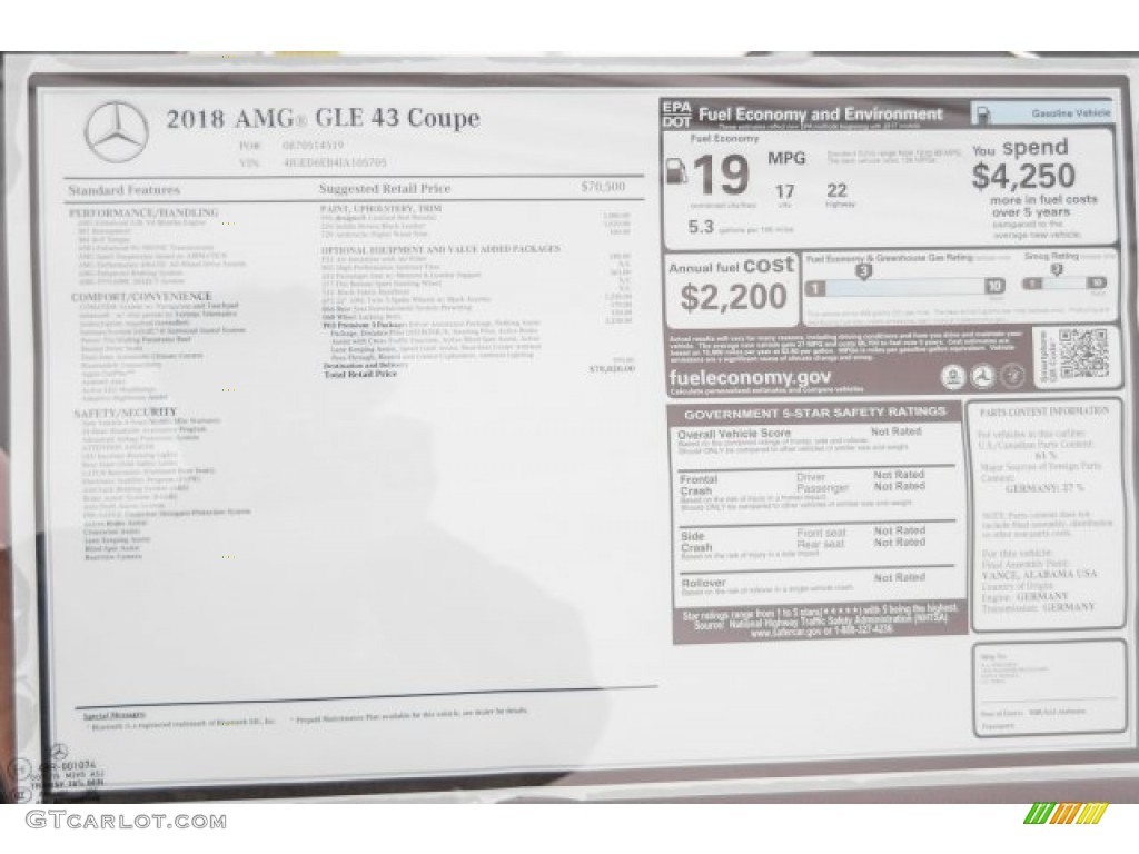 2018 Mercedes-Benz GLE 43 AMG 4Matic Coupe Window Sticker Photo #124623688