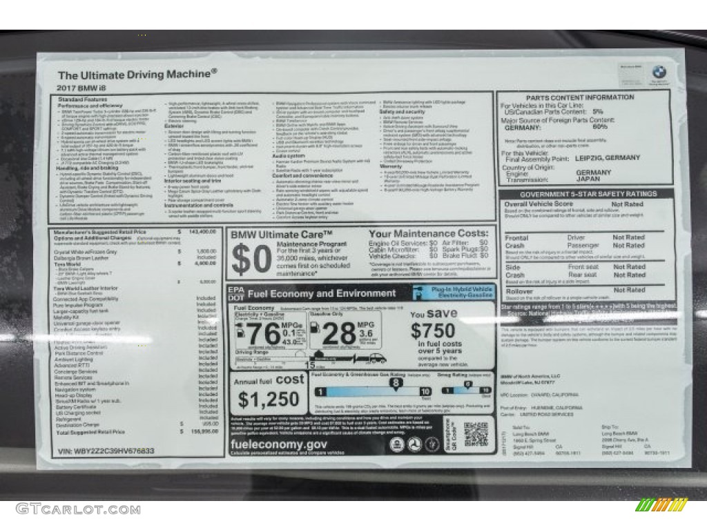2017 BMW i8 Standard i8 Model Window Sticker Photo #124639588