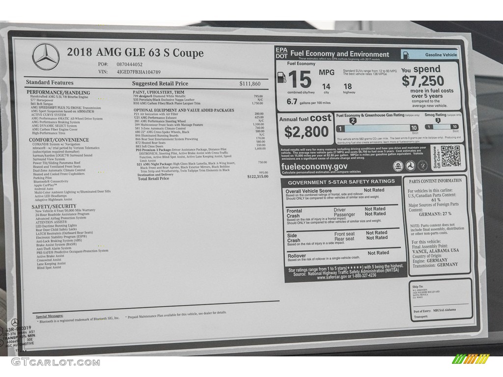 2018 Mercedes-Benz GLE 63 S AMG 4Matic Coupe Window Sticker Photo #124649152