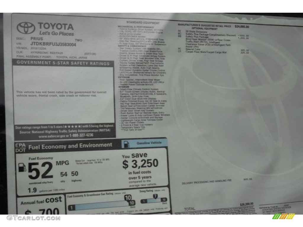 2018 Toyota Prius Two Window Sticker Photos