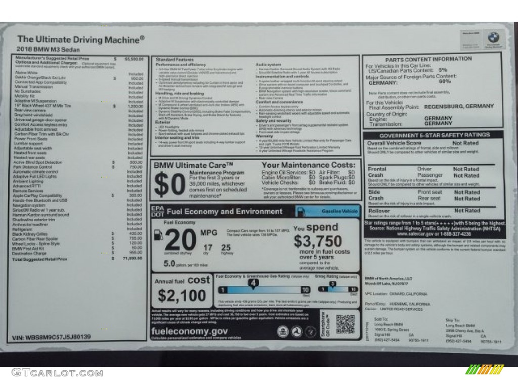 2018 BMW M3 Sedan Window Sticker Photo #124672705