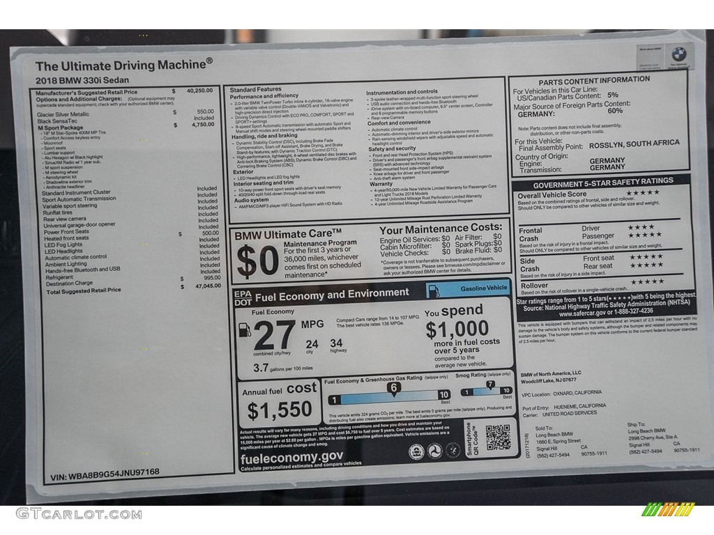 2018 BMW 3 Series 330i Sedan Window Sticker Photo #124681590