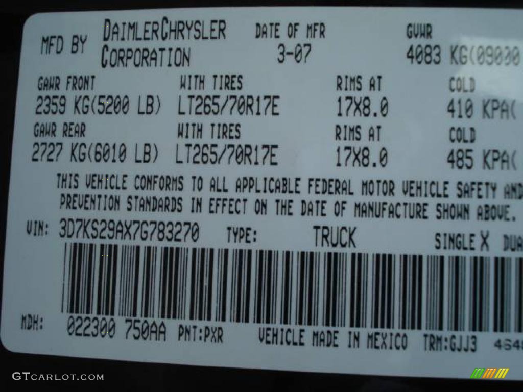 2007 Ram 2500 Color Code PXR for Brilliant Black Photo #12470418