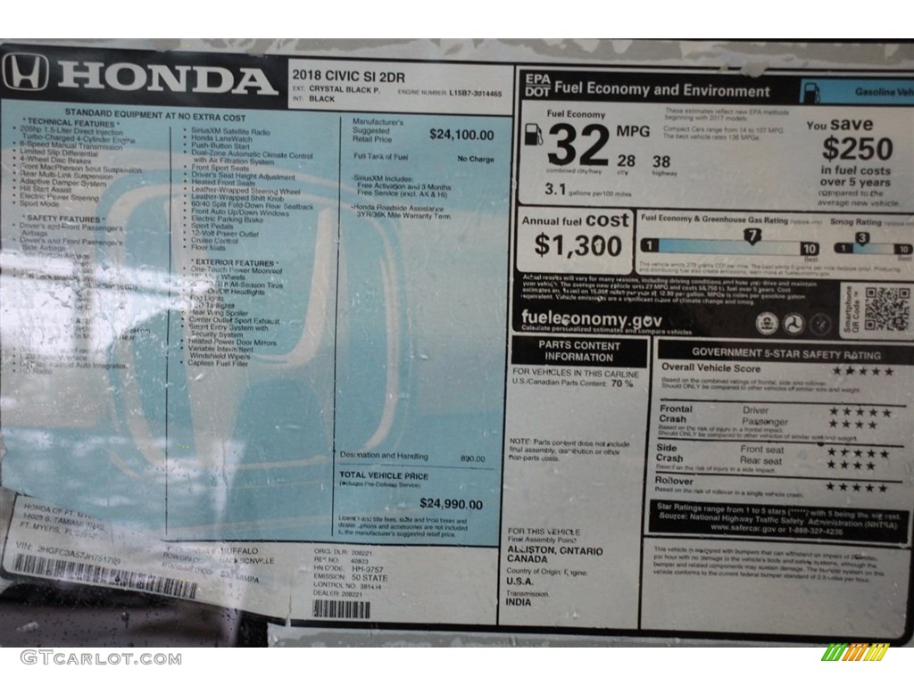 2018 Honda Civic Si Coupe Window Sticker Photos