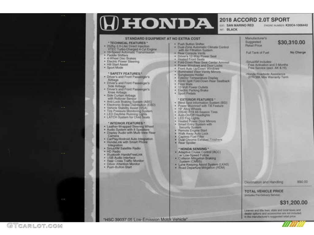 2018 Honda Accord Sport Sedan Window Sticker Photo #124710365
