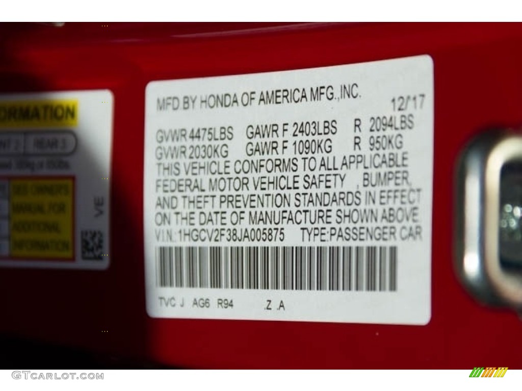 2018 Accord Color Code R94 for San Marino Red Photo #124710400