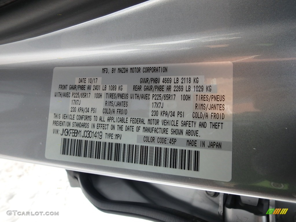2018 CX-5 Color Code 45P for Sonic Silver Metallic Photo #124717675