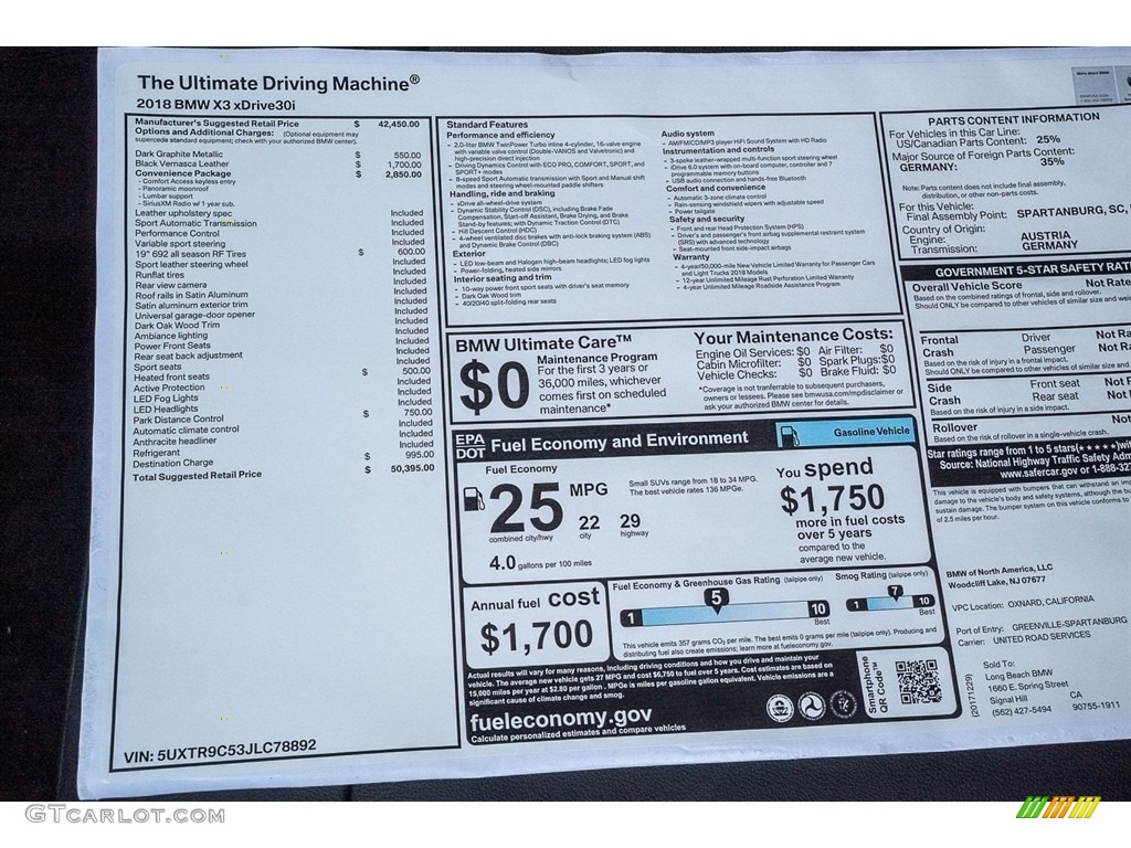 2018 BMW X3 xDrive30i Window Sticker Photos