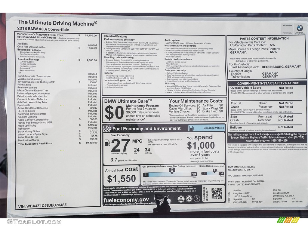 2018 BMW 4 Series 430i Convertible Window Sticker Photo #124764731