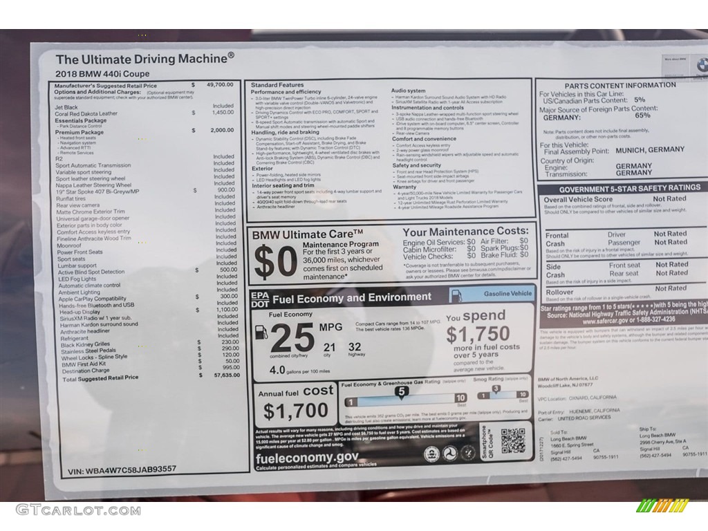 2018 BMW 4 Series 440i Coupe Window Sticker Photo #124765964