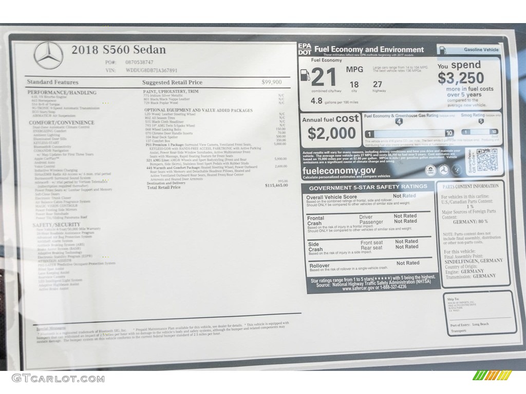 2018 Mercedes-Benz S 560 Sedan Window Sticker Photo #124773188