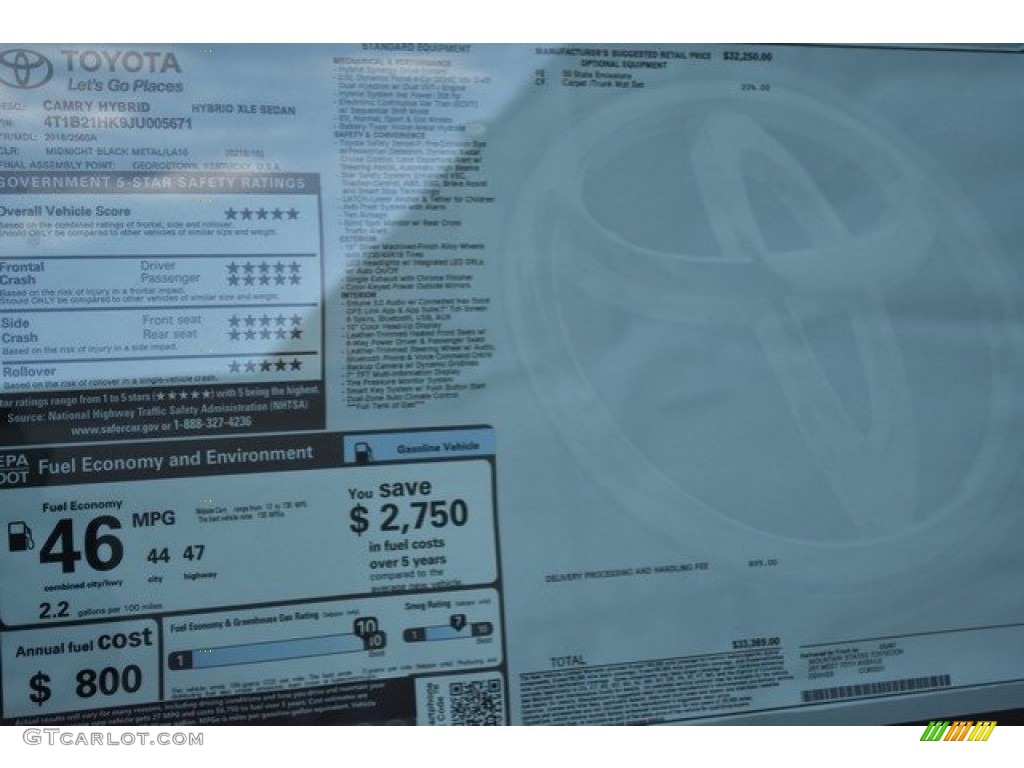 2018 Toyota Camry Hybrid XLE Window Sticker Photos