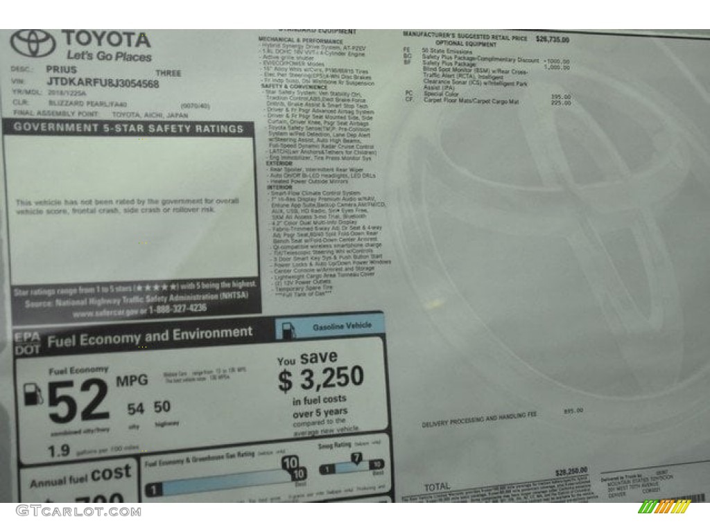 2018 Toyota Prius Three Window Sticker Photo #124800030