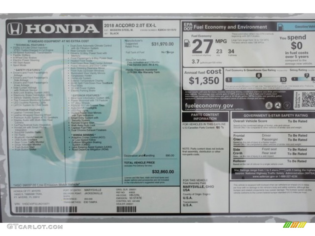 2018 Honda Accord EX-L Sedan Window Sticker Photo #124825501