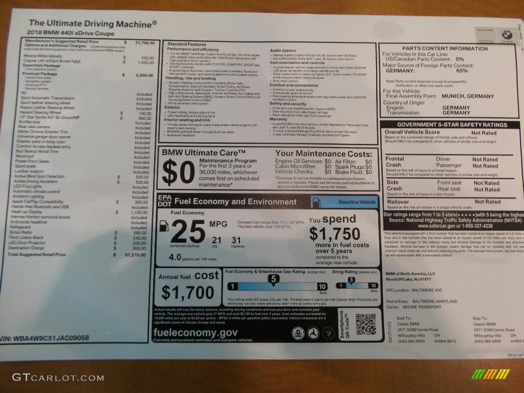 2018 BMW 4 Series 440i xDrive Coupe Window Sticker Photo #124827055