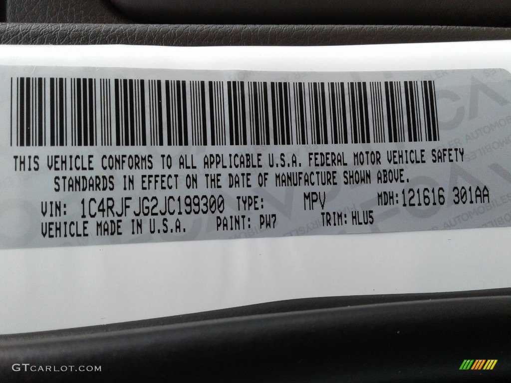 2018 Grand Cherokee Color Code PW7 for Bright White Photo #124835425