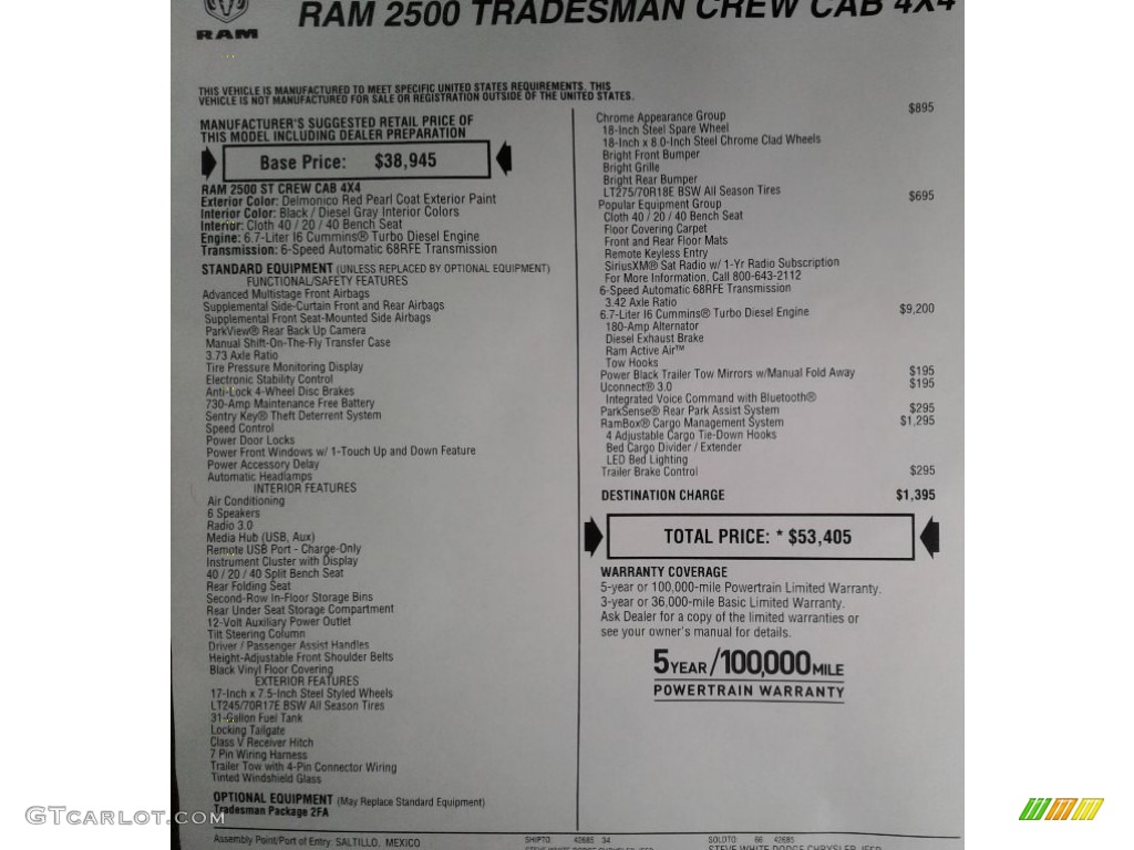 2018 Ram 2500 Tradesman Crew Cab 4x4 Window Sticker Photo #124836136