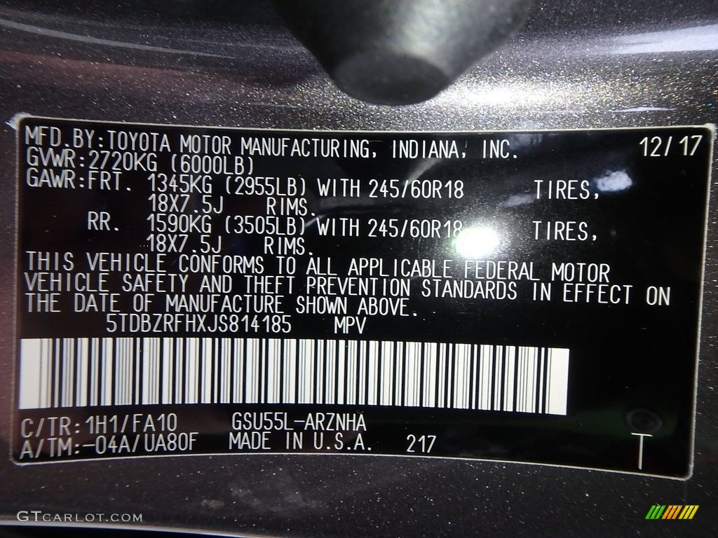 2018 Toyota Highlander LE AWD Color Code Photos