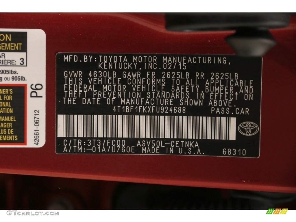 2015 Camry Color Code 3T3 for Ruby Flare Pearl Photo #124846998