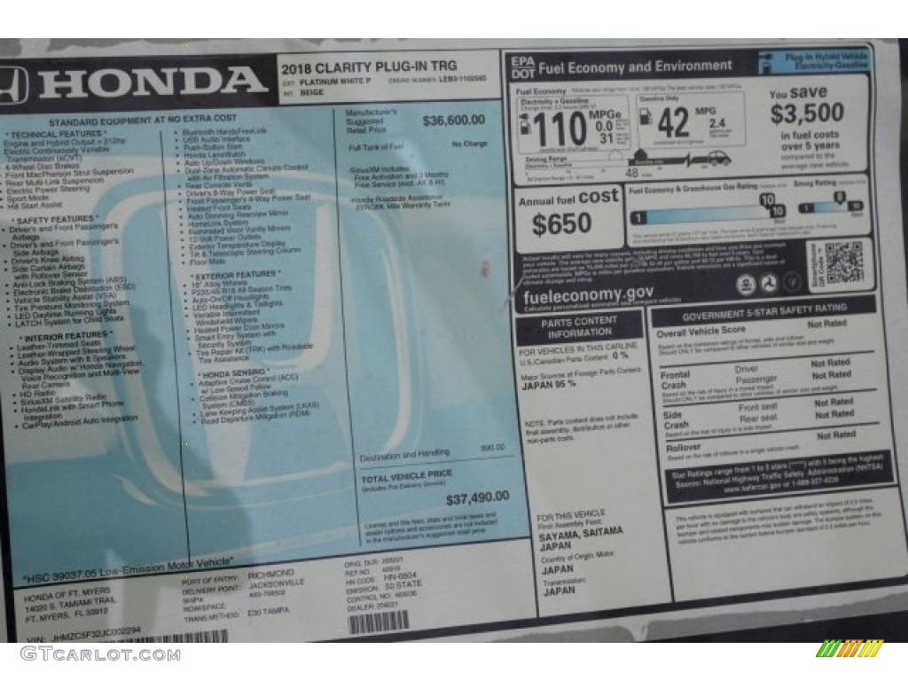 2018 Honda Clarity Touring Plug In Hybrid Window Sticker Photos