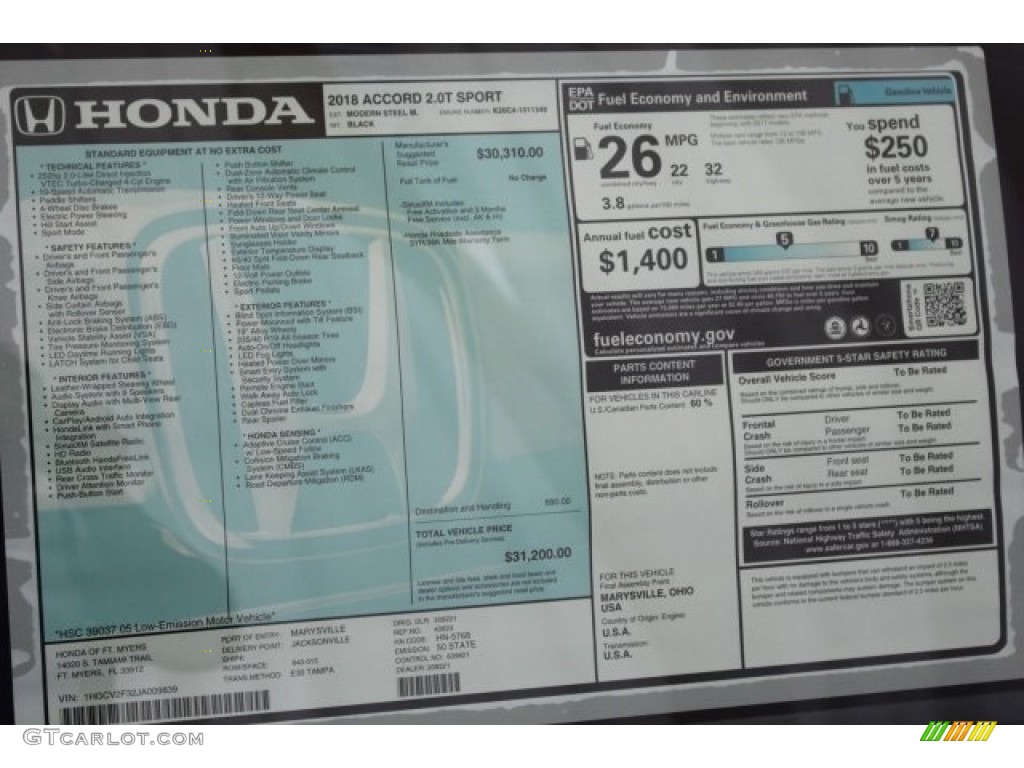 2018 Honda Accord Sport Sedan Window Sticker Photo #124864359
