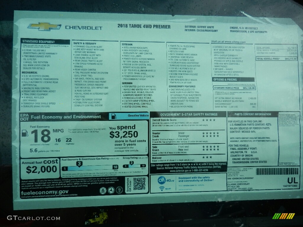 2018 Chevrolet Tahoe Premier 4WD Window Sticker Photos