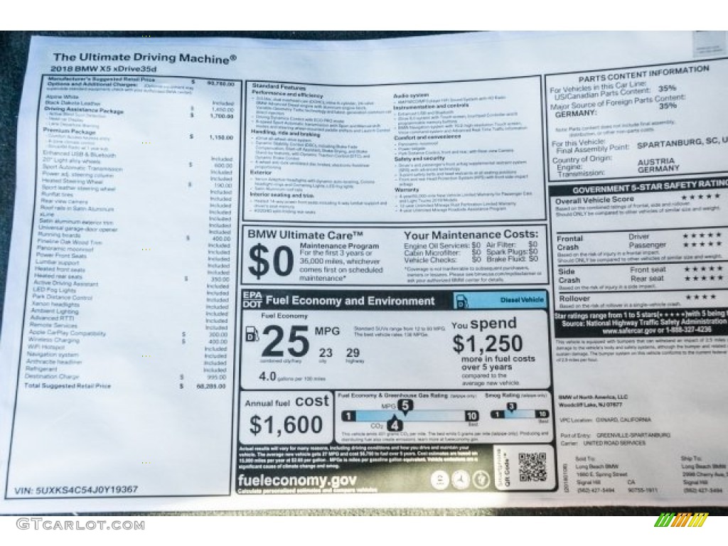 2018 BMW X5 xDrive35d Window Sticker Photo #124903023