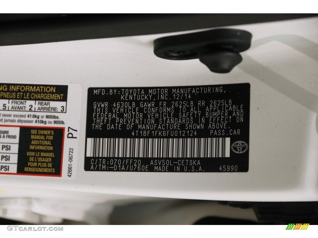 2015 Camry Color Code 070 for Blizzard Pearl White Photo #124923710
