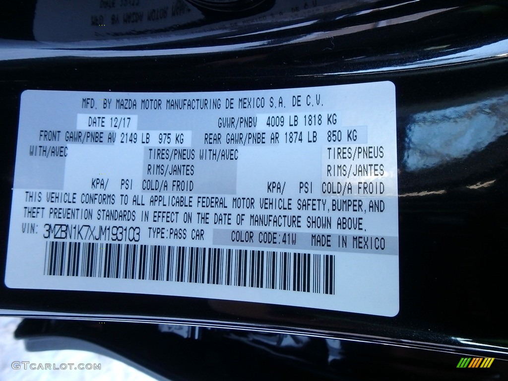2018 MAZDA3 Color Code 41W for Jet Black Mica Photo #124953163
