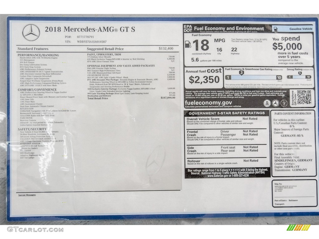 2018 Mercedes-Benz AMG GT S Coupe Window Sticker Photos