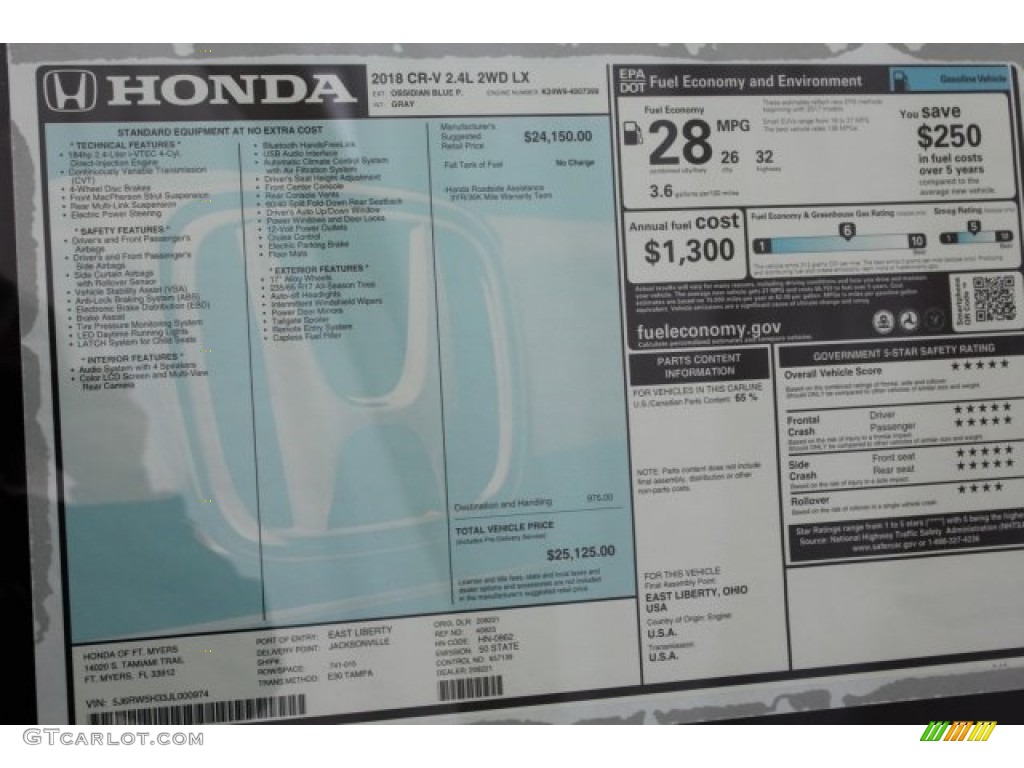 2018 Honda CR-V LX Window Sticker Photo #124993905