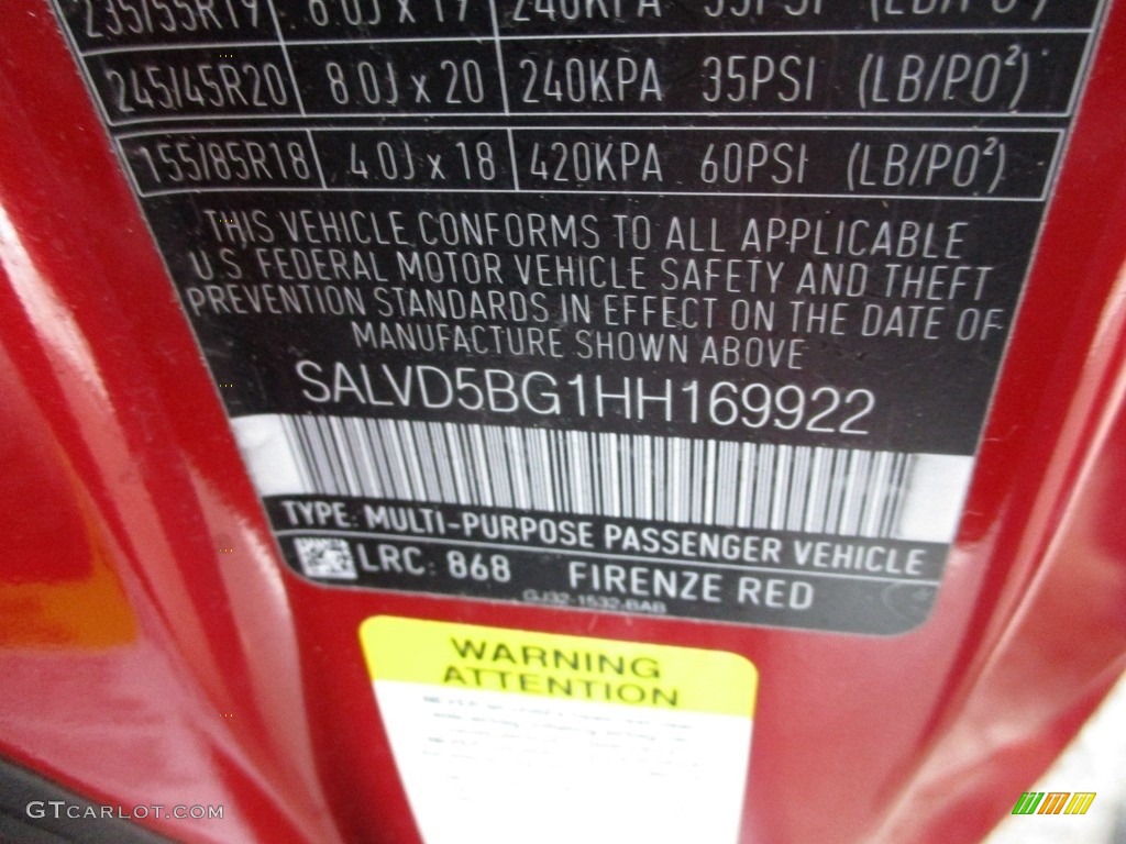 2017 Range Rover Evoque Color Code 868 for Firenze Red Metallic Photo #125002597