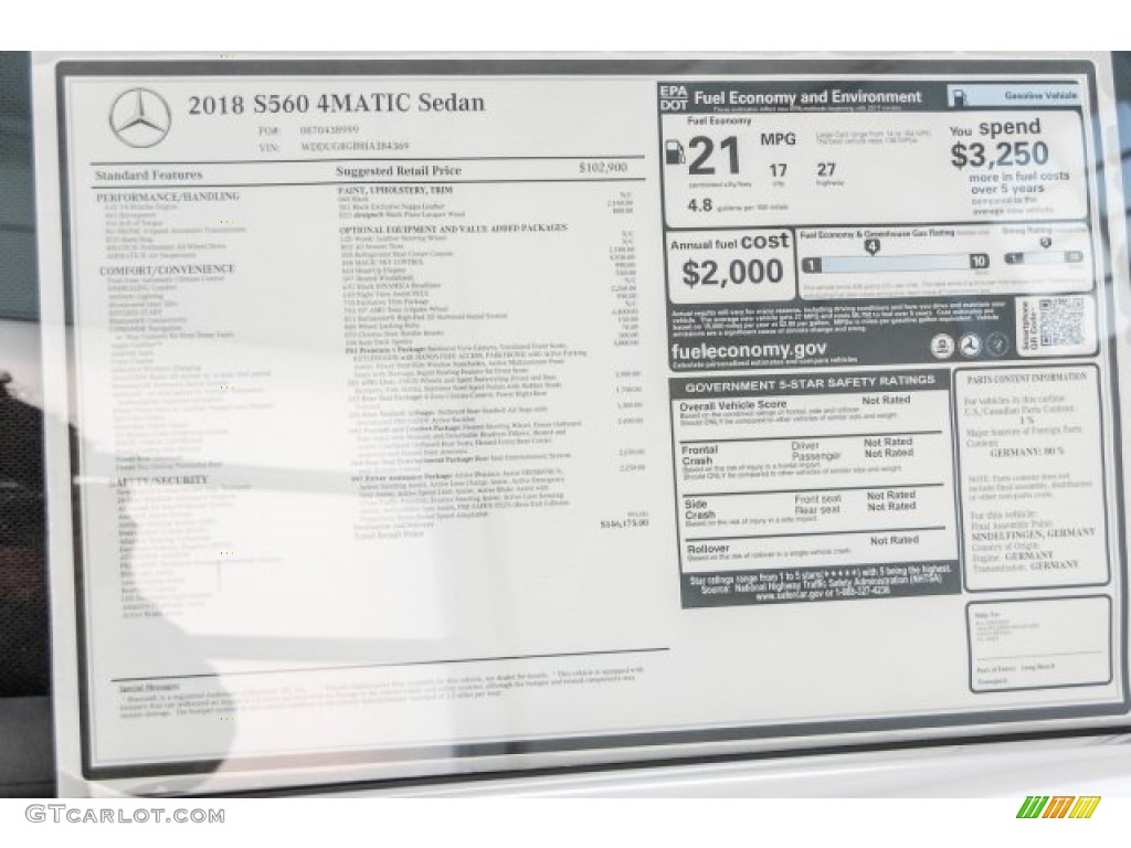 2018 Mercedes-Benz S 560 4Matic Sedan Window Sticker Photo #125054731