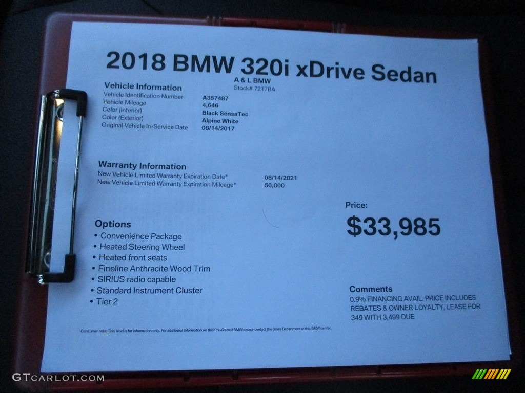 2018 3 Series 320i xDrive Sedan - Alpine White / Black photo #11