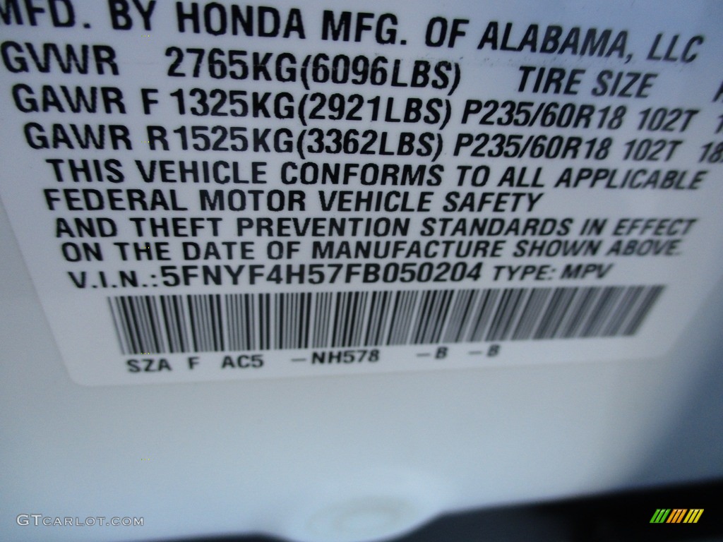 2015 Pilot EX-L 4WD - Taffeta White / Gray photo #19