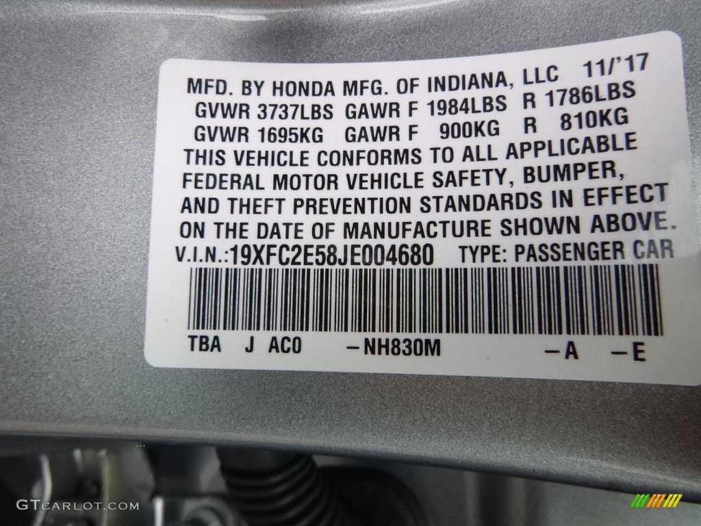 2018 Civic Color Code NH830M for Lunar Silver Metallic Photo #125129015
