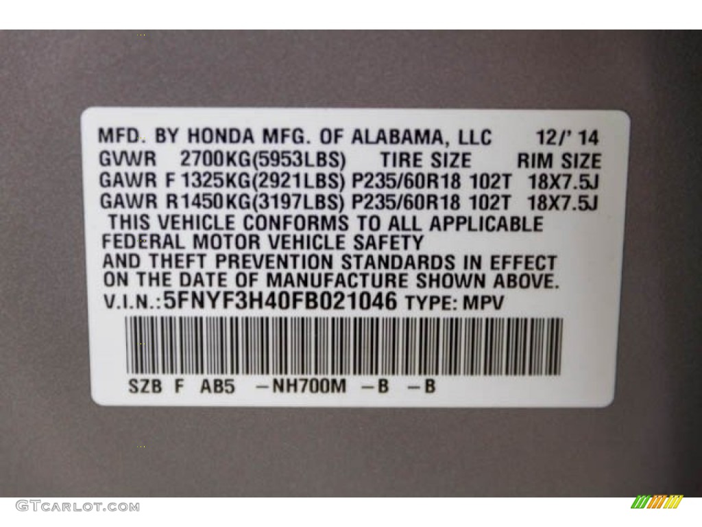 2015 Pilot EX - Alabaster Silver Metallic / Gray photo #35