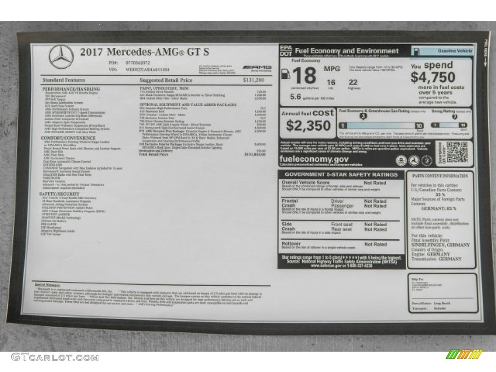 2017 Mercedes-Benz AMG GT S Coupe Window Sticker Photo #125178769