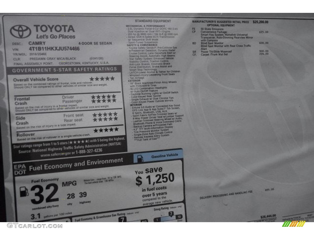2018 Toyota Camry SE Window Sticker Photo #125184826