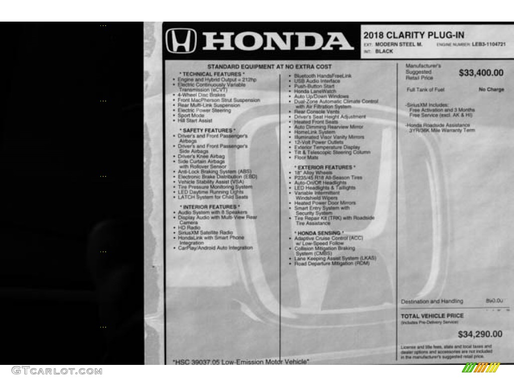 2018 Honda Clarity Plug In Hybrid Window Sticker Photos