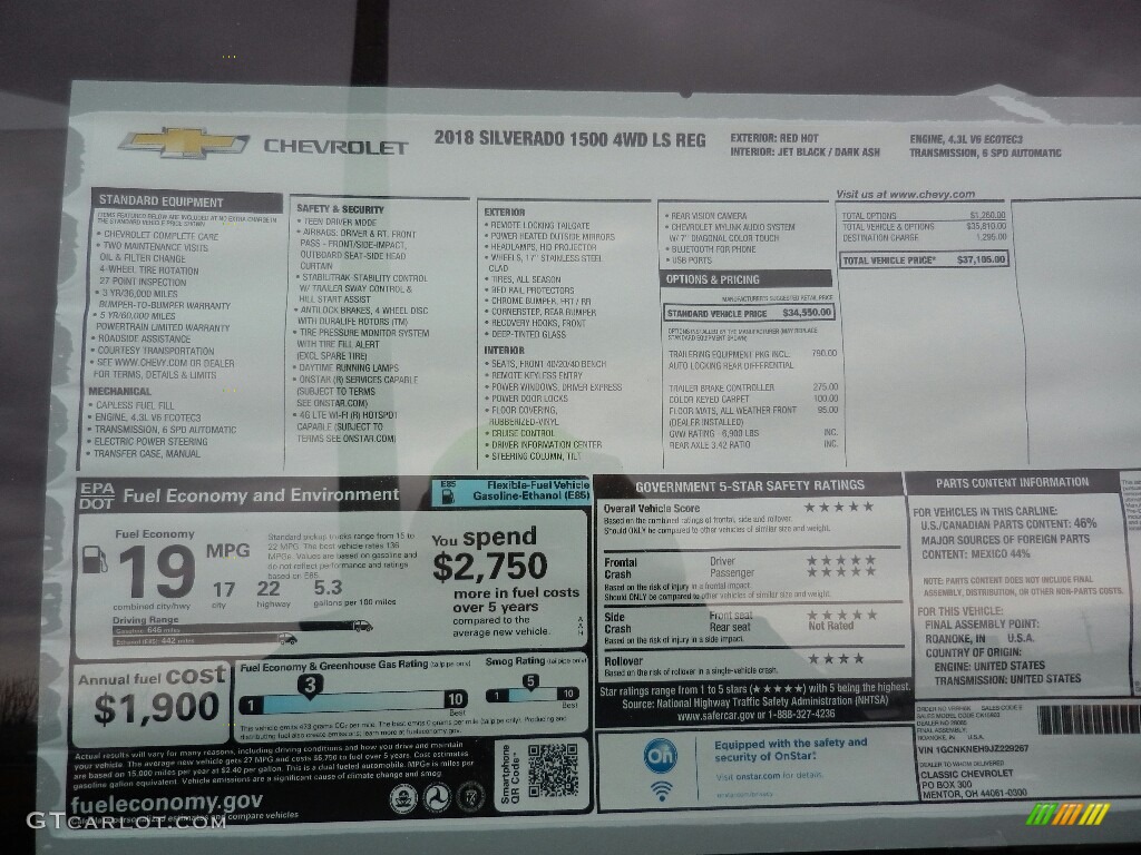 2018 Chevrolet Silverado 1500 LS Regular Cab 4x4 Window Sticker Photo #125205673