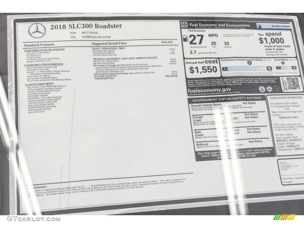 2018 Mercedes-Benz SLC 300 Roadster Window Sticker Photo #125224063