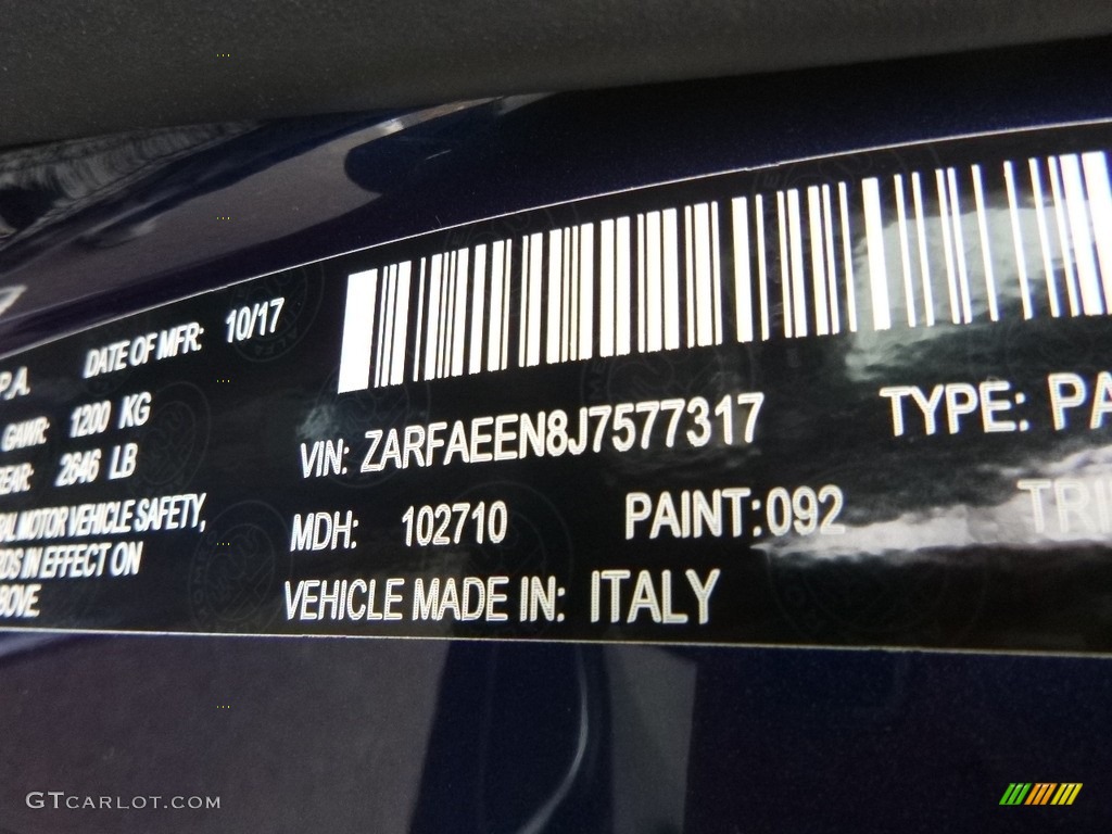 2018 Giulia Color Code 092 for Montecarlo Blue Metallic Photo #125225011