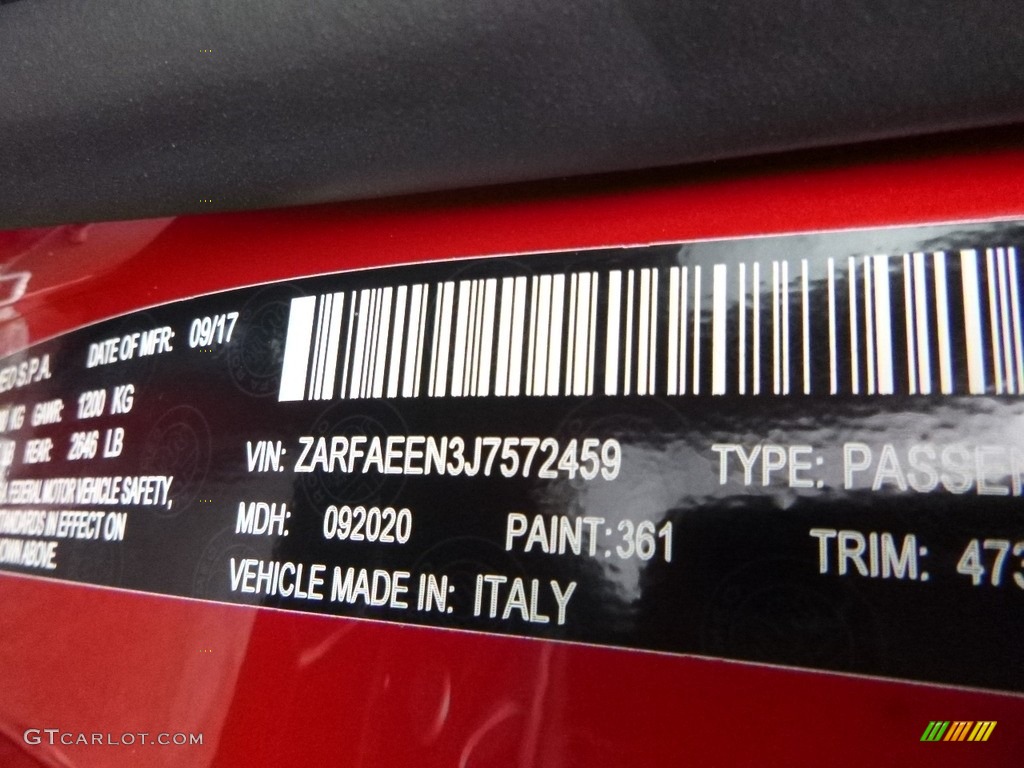 2018 Giulia Color Code 361 for Rosso (Red) Competizione Tri-Coat Photo #125225446