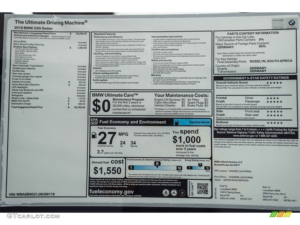 2018 3 Series 330i Sedan - Alpine White / Black photo #10