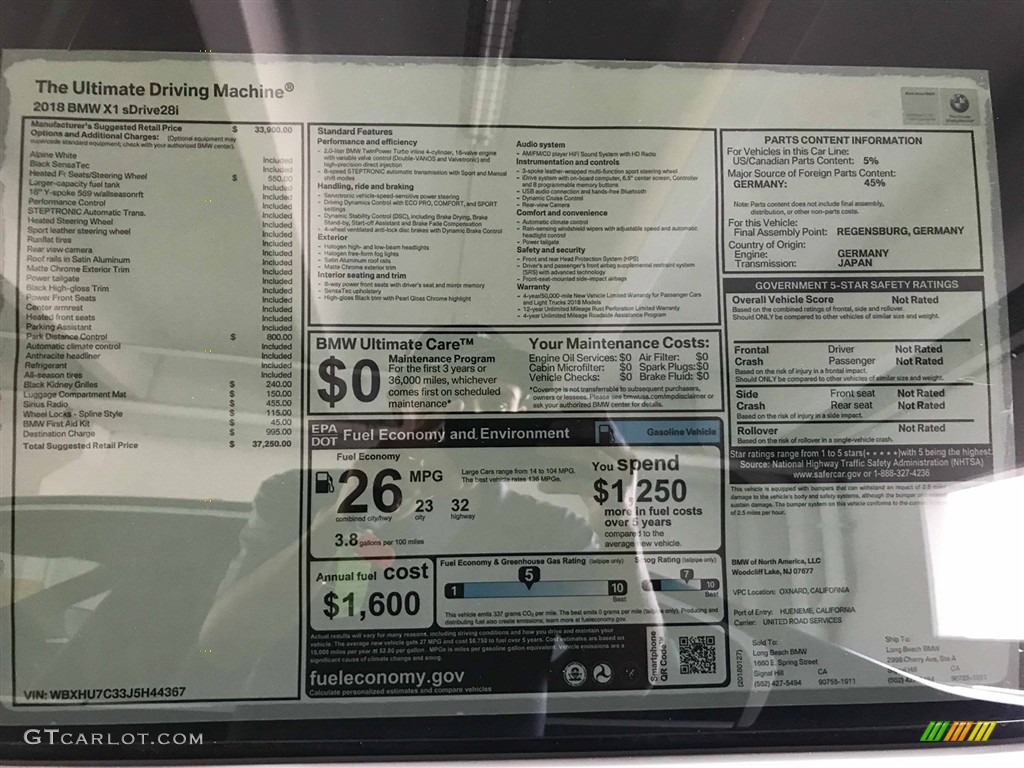 2018 BMW X1 sDrive28i Window Sticker Photo #125234558